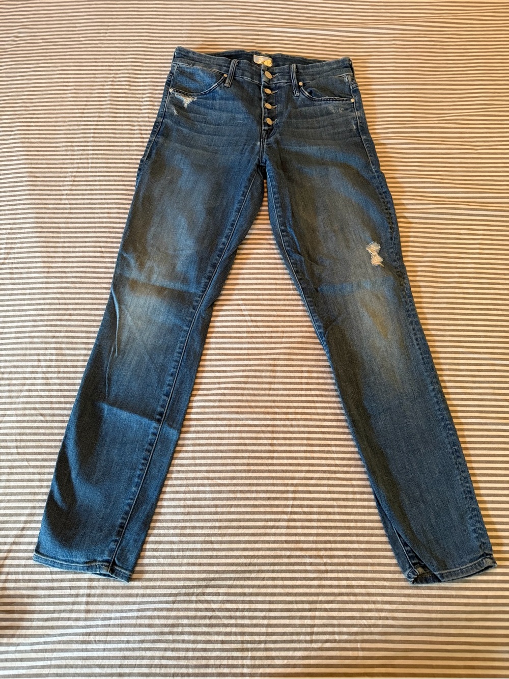 MOTHER Skinny Button-Fly Distressed Dark Blue Jeans